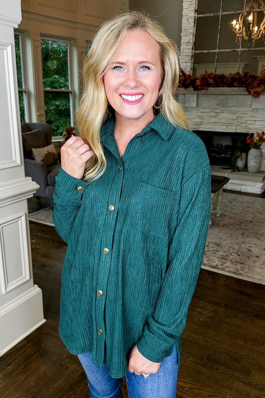 Button Up Textured Collared Top in Hunter Green