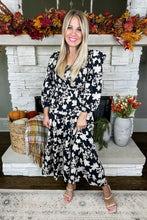 Load image into Gallery viewer, Black &amp; Ivory Smocked Floral Tiered Midi Dress
