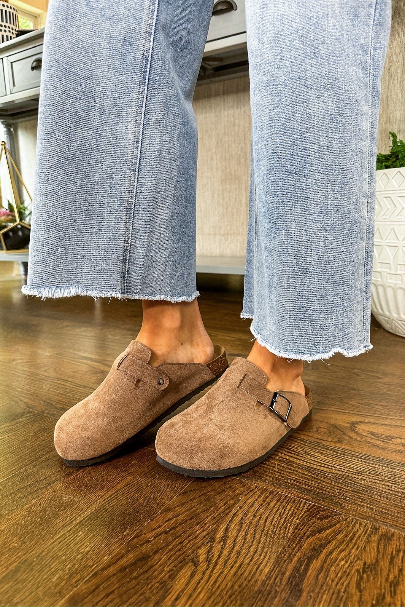 The Bria Slip On Flat Clog Mule in Dark Taupe