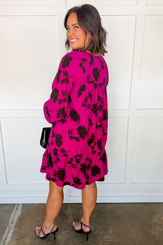 Sketched Floral Tunic Dress in Fuchsia