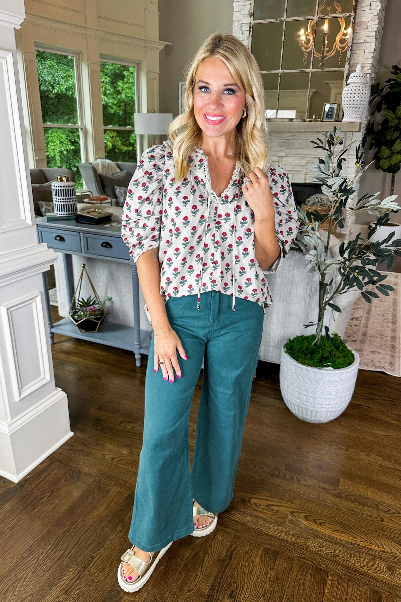 Scallop Lace Trim Puff Sleeve Red Flower Taupe Top