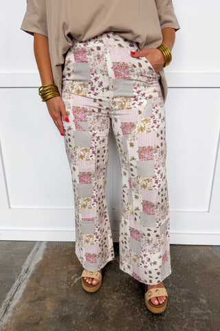 Garden Patchwork Wide Leg Pants in Plum Mix
