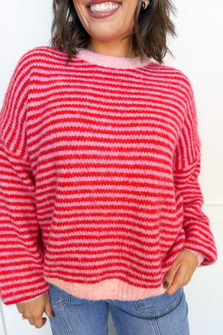 Cozy Season Stripe Knit Sweater in Red & Pink