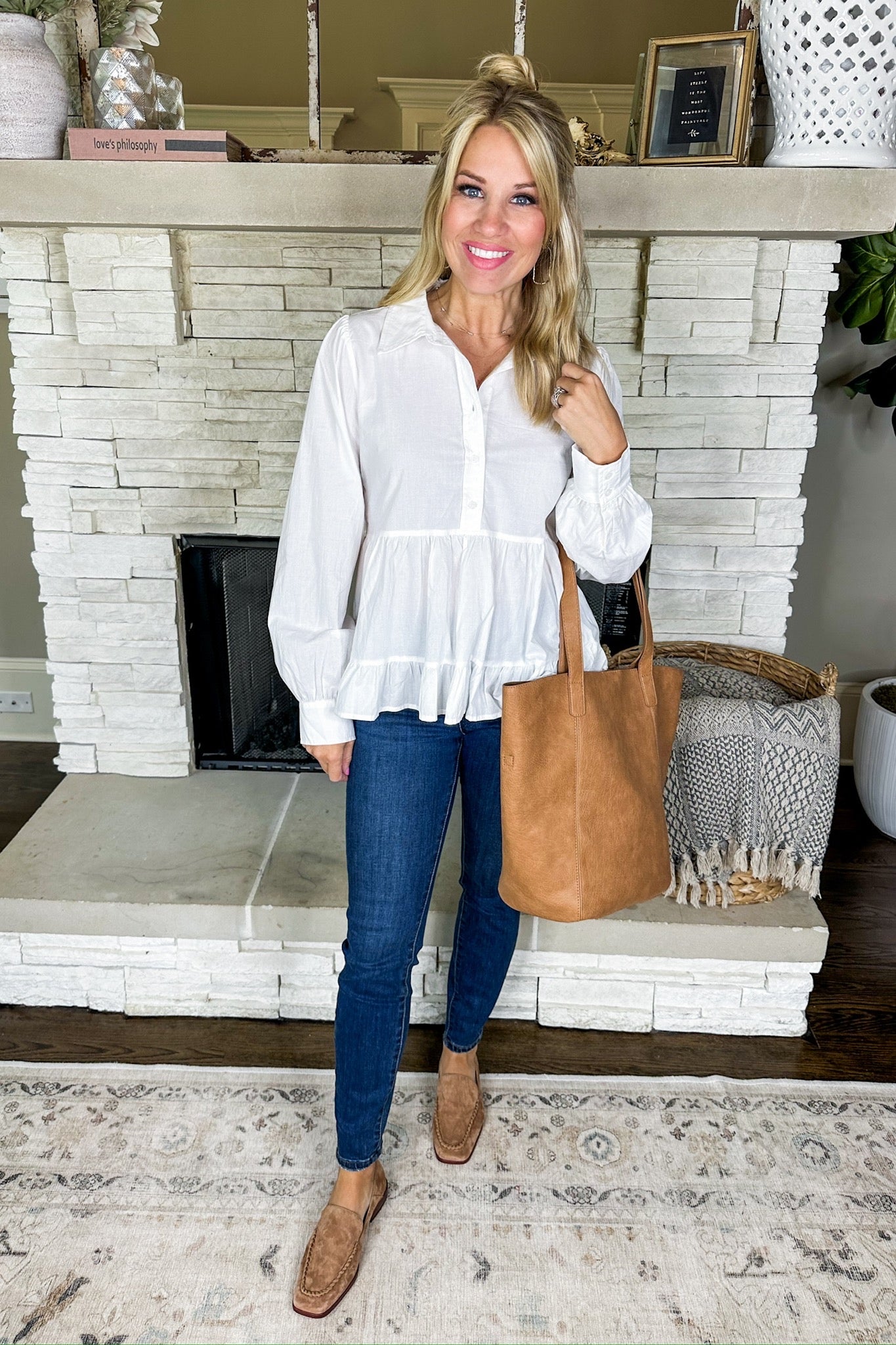 Half Button Down Tiered Babydoll Collared Top in Ivory