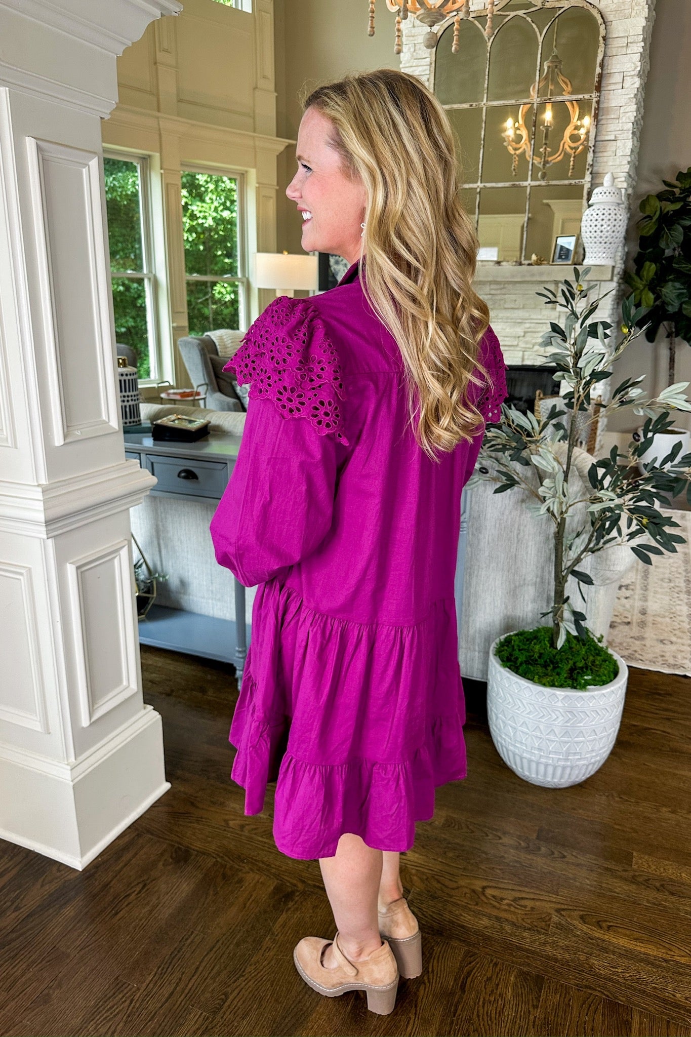 Eyelet Ruffle Sleeve Collared Tiered Long Sleeve Dress in Magenta