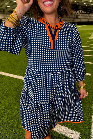 The Cooper Dress in Gingham Navy/Orange by Mary Square