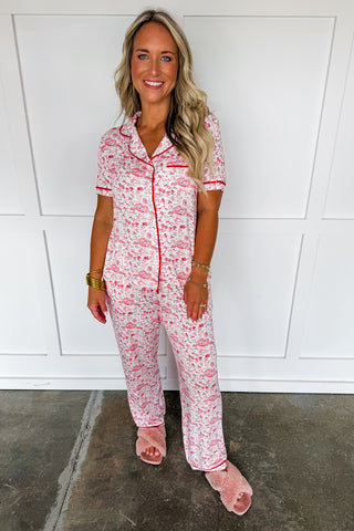 The Charlotte Pajama Pant Set in Team Toile Red by Mary Square
