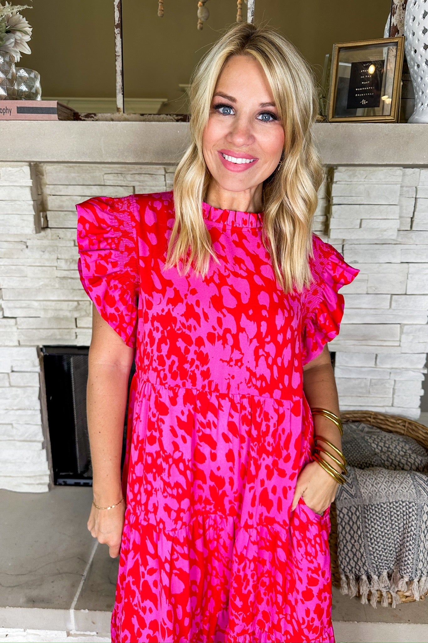 Abstract Animal Print Tiered Midi Dress in Pink & Red