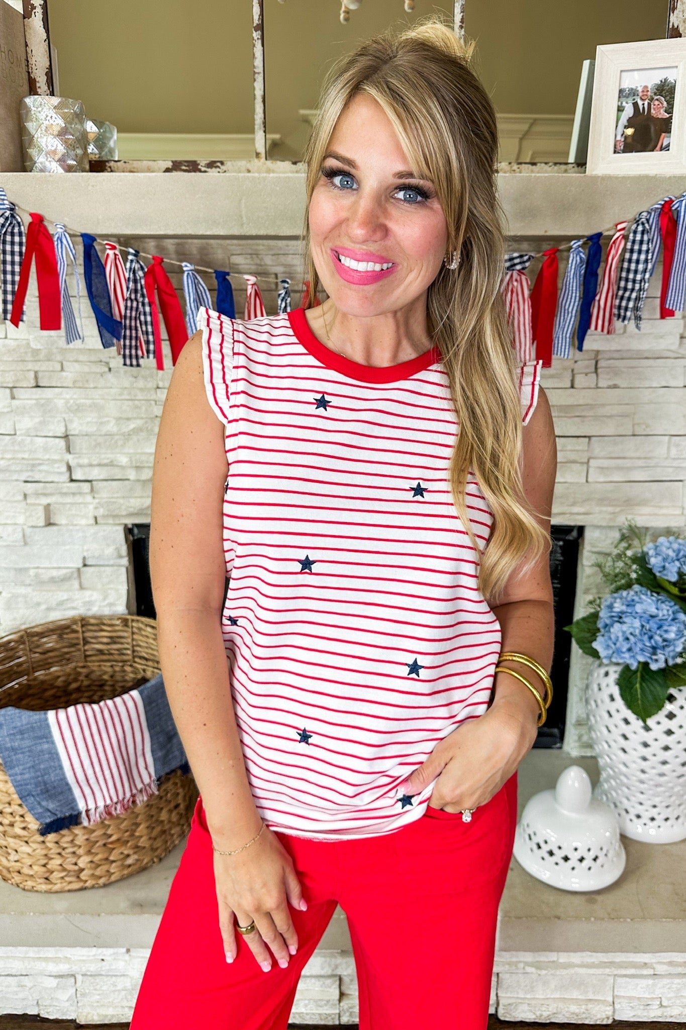 Ruffle Sleeve Red White Stripe Embroidered Star Top