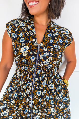Best Selling Krissy Zip-up Midi Dress in Navy & Mustard Floral