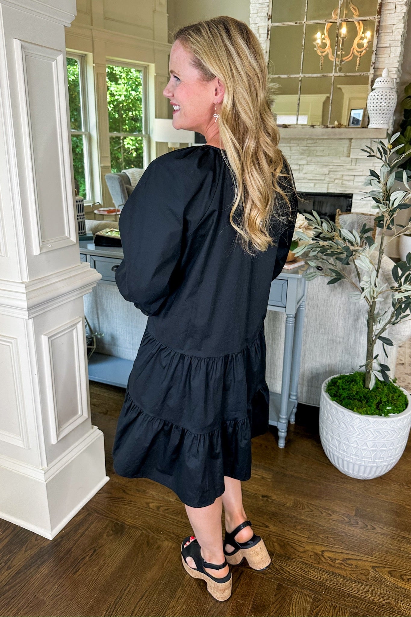 Black Front Tie Bubble Sleeve Pocketed Tiered Dress