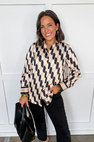 She is the Moment Geometric Silk Button Up Blouse