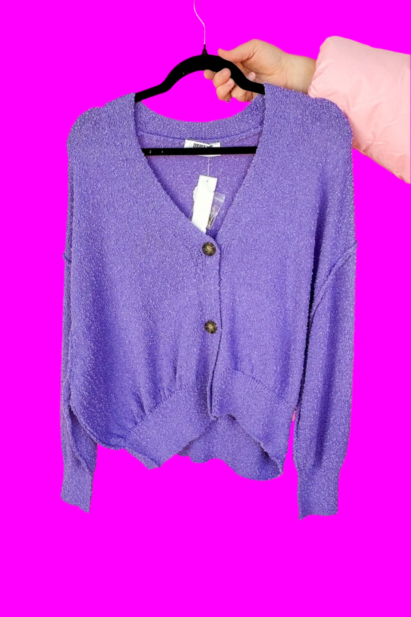 Exposed Seam V Neck Button Sweater Cardigan in Lavender