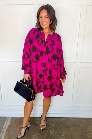 Sketched Floral Tunic Dress in Fuchsia
