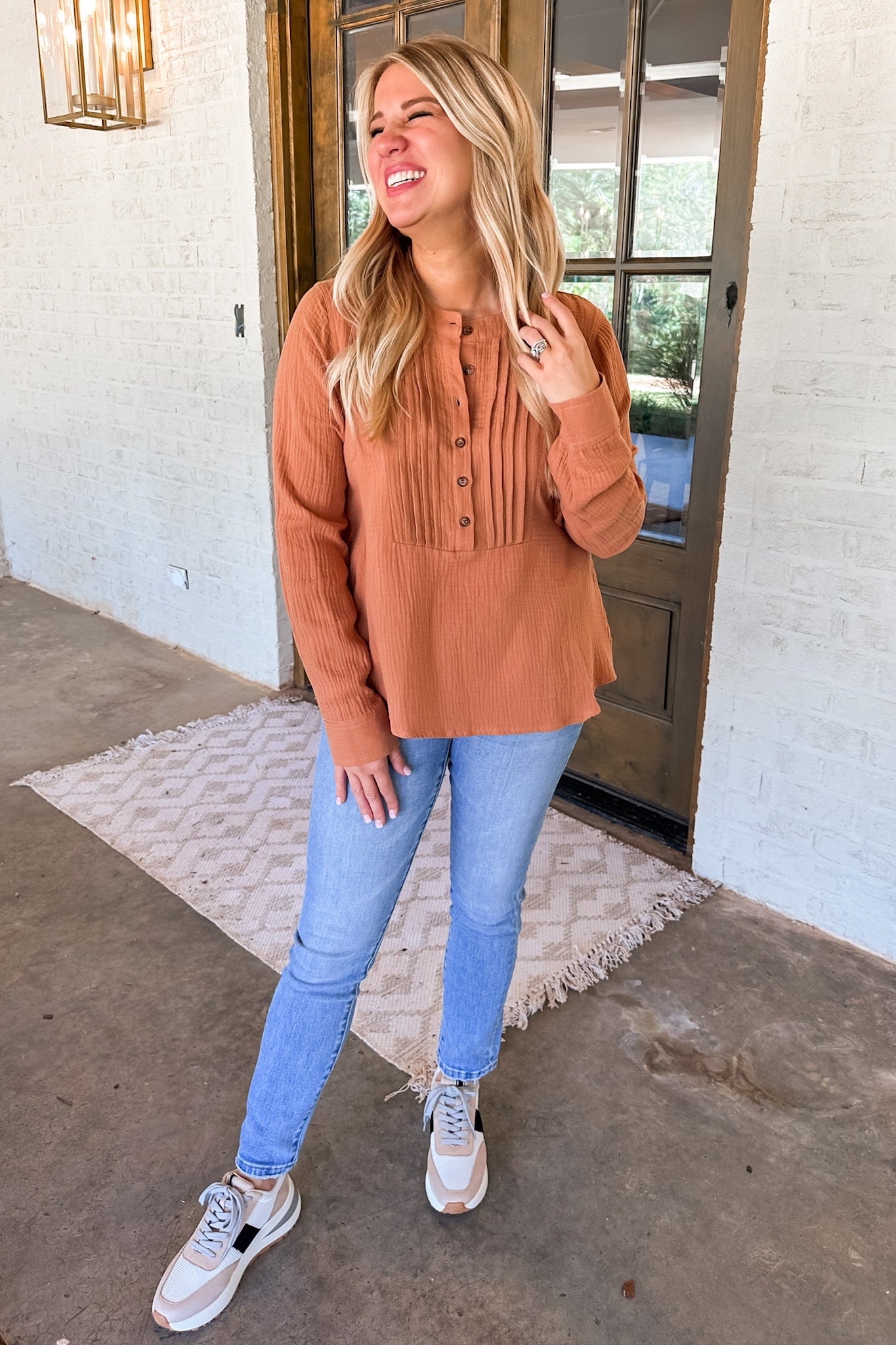 Button Down Pleated Muslin Long Sleeve Top