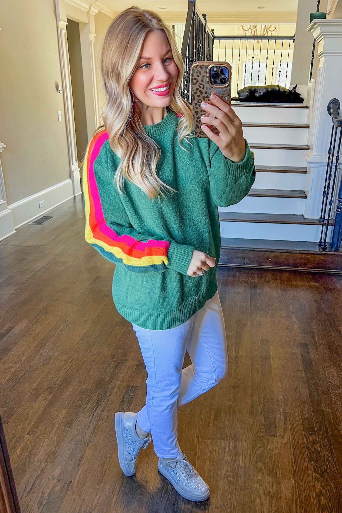 Rainbow Stripe Sleeve Sweater in Green
