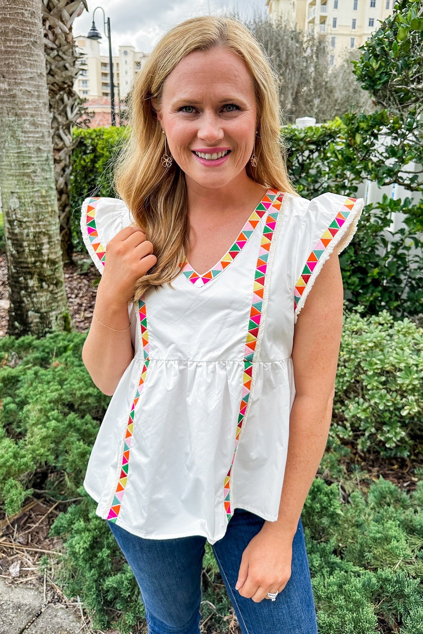 Colorful Embroidered Fringe Trim Top by THML