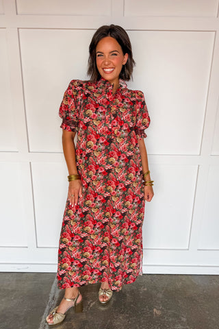The Madeline Puff Sleeve Midi Dress in Autumn Floral