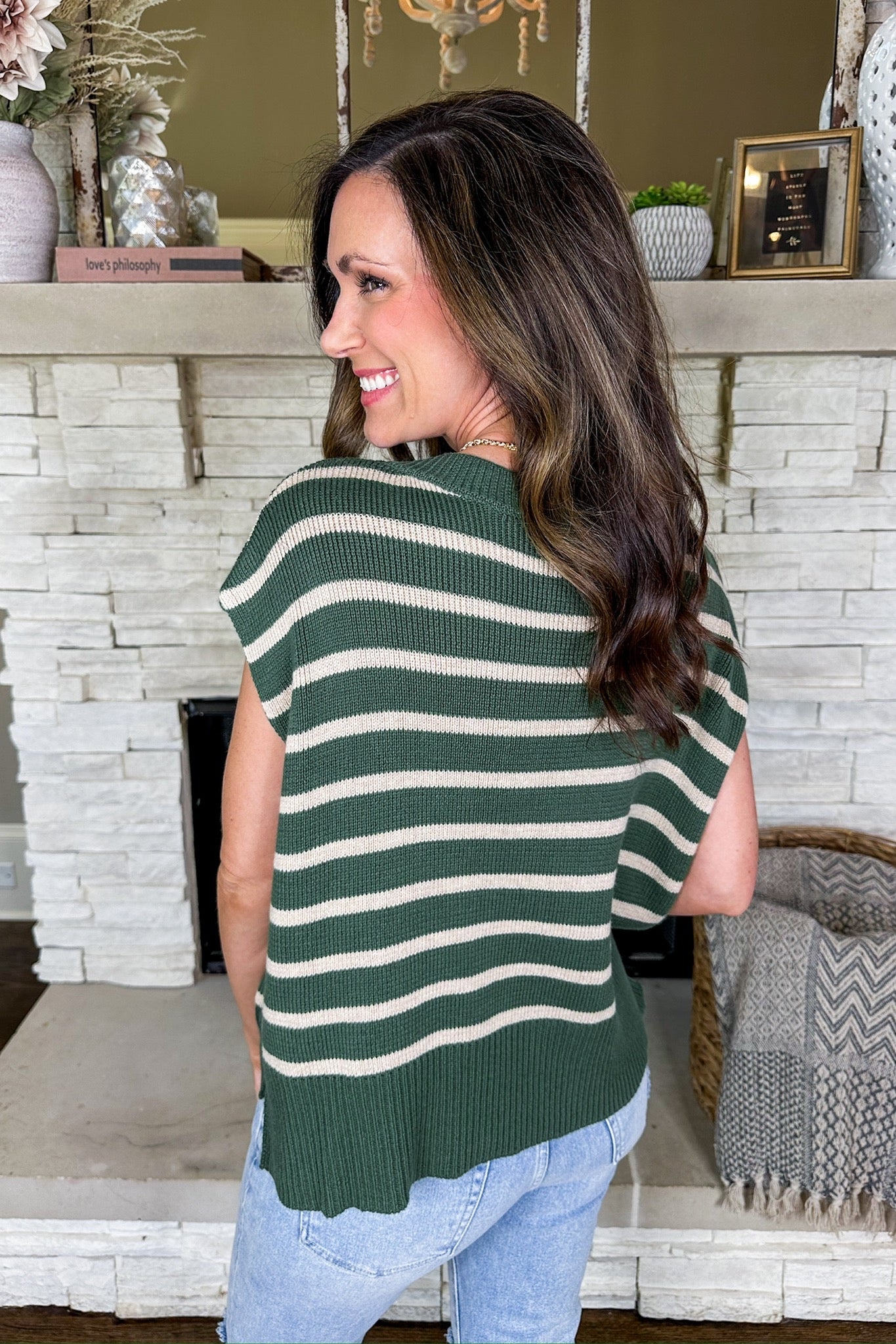 Striped Knit Cap Sleeve Sweater Top in Pine