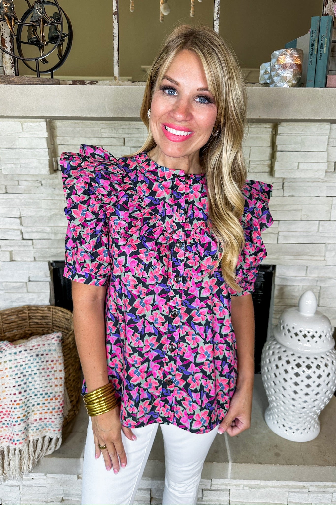 Double Ruffle Sleeve Button Down Flower Print Top