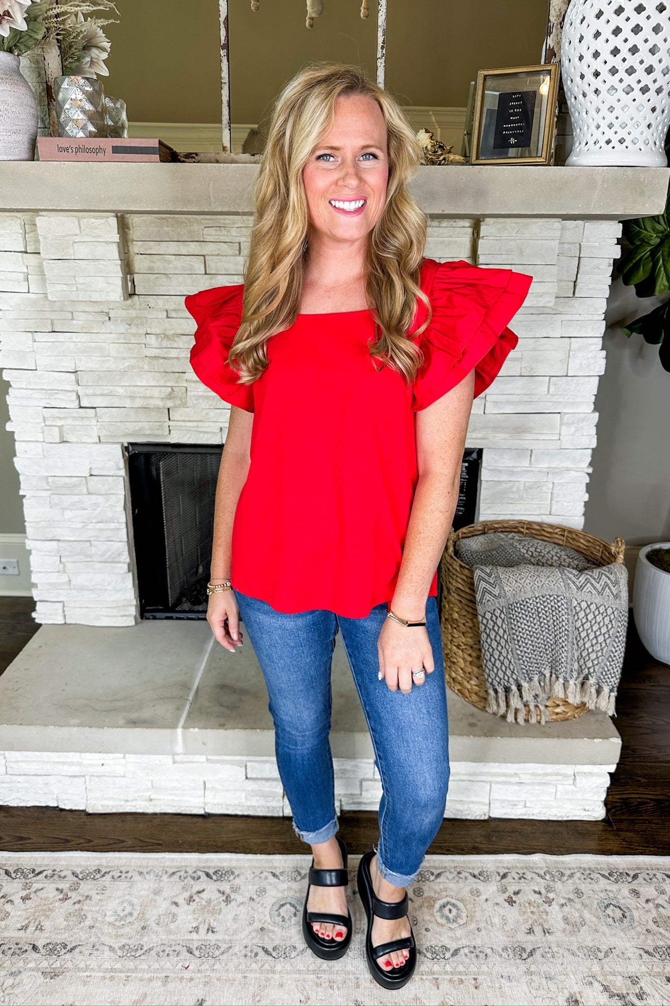 Double Ruffle Square Neck Shift Top in Red