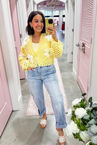 Oopsie Daisy Tie Front Crochet Cardigan in Yellow
