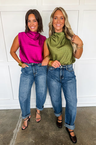 On The Dot Satin Top in Olive