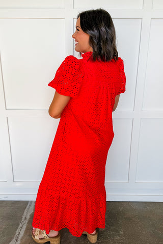 The Meredith Eyelet Midi Dress in Red