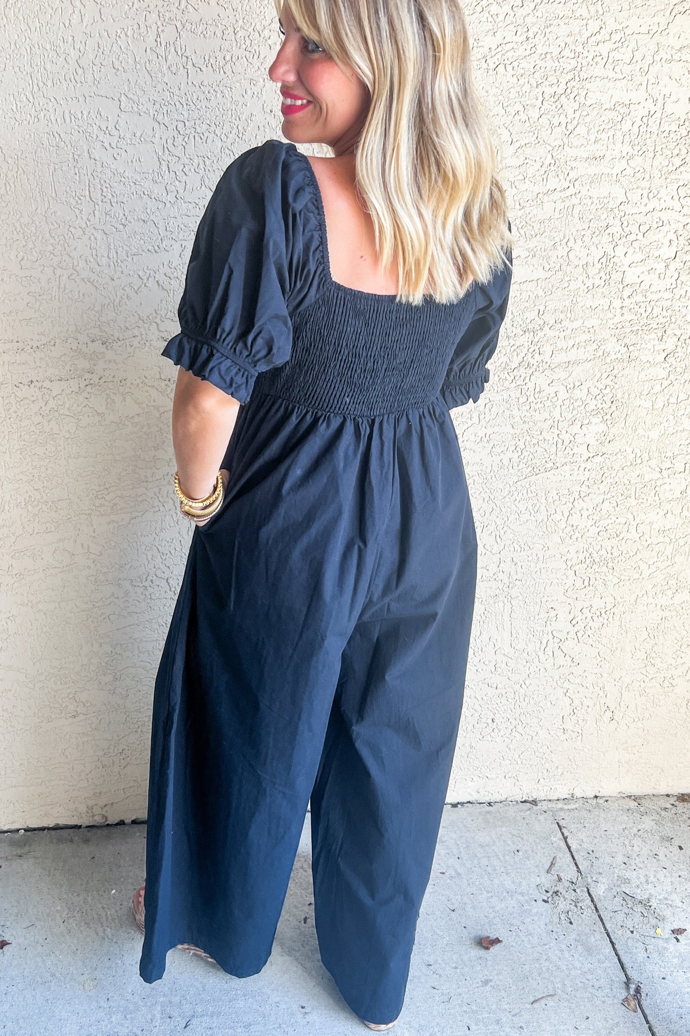 Puff Sleeve Smocked Black Pocketed Poplin Jumpsuit