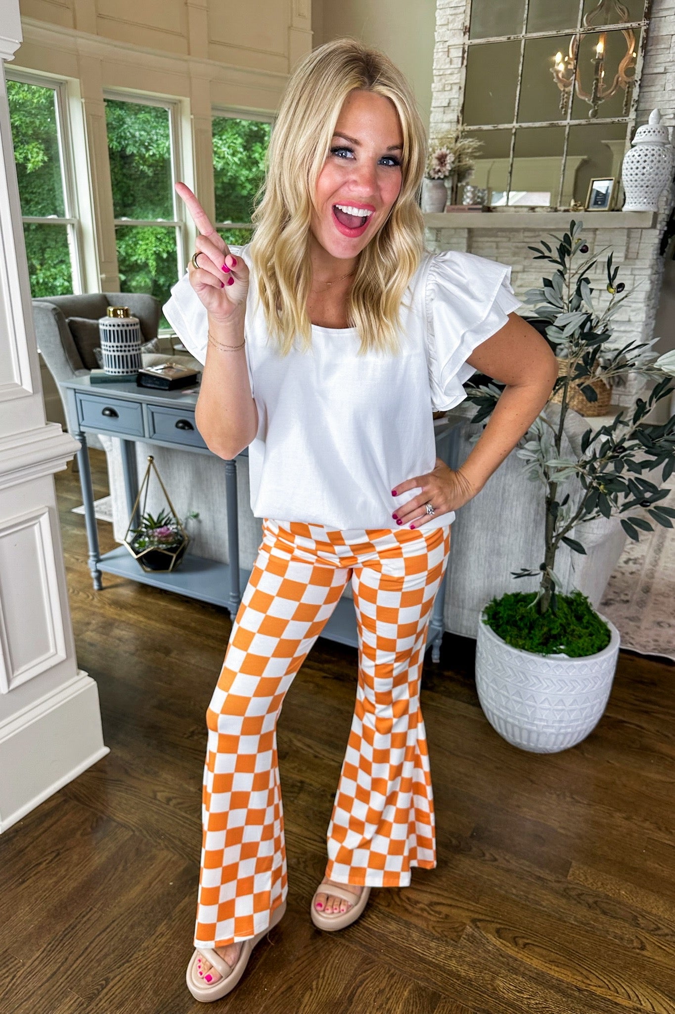 Orange Checkered Pocketed Stretchy Flare Pants