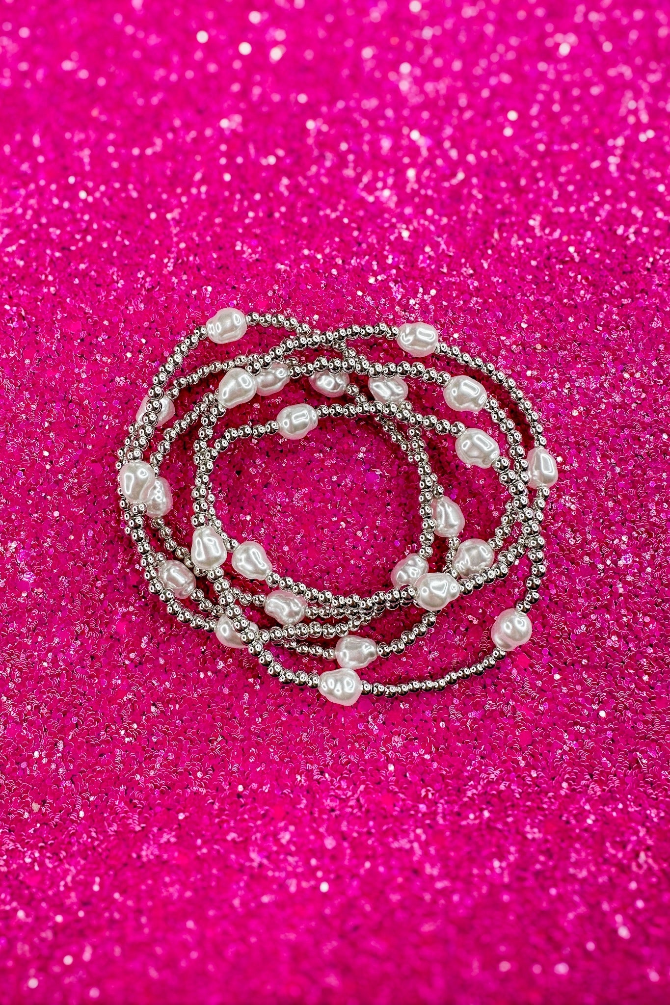 Silver Bead & Pearl Stretch Bracelet Set of 5