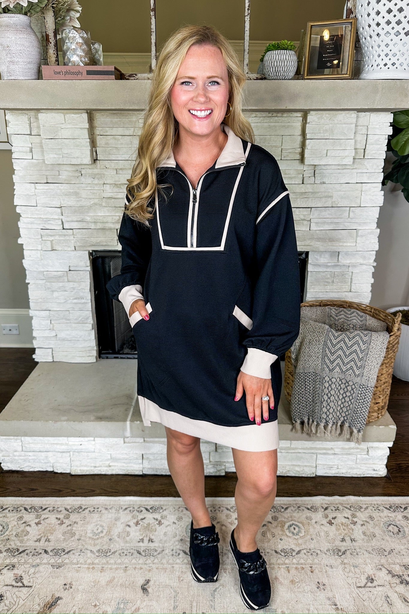 Cream Trim Zip Up Ribbed Long Sleeve Dress in Black