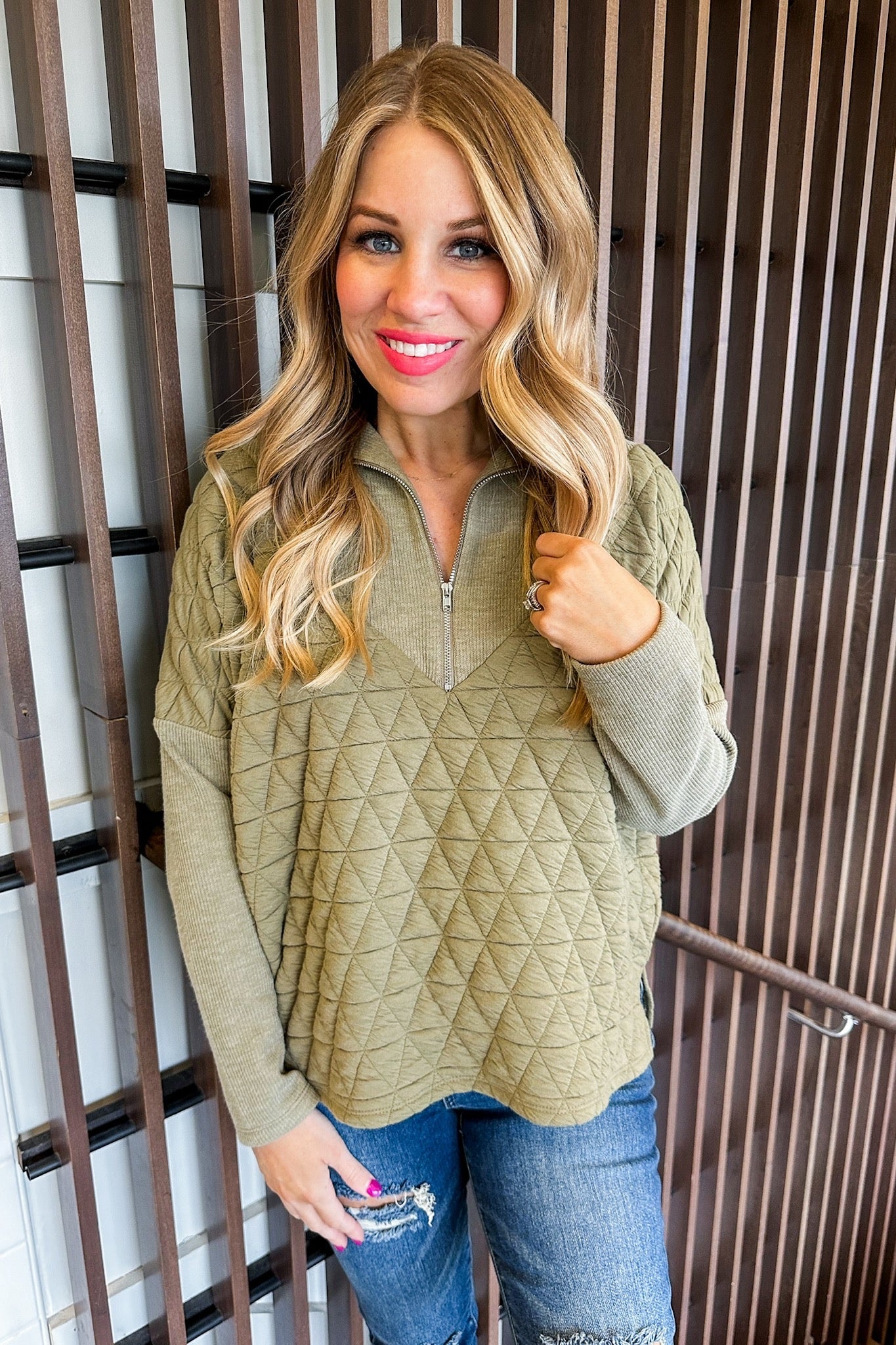 Quilted Quarter Zip Pullover in Olive by THML