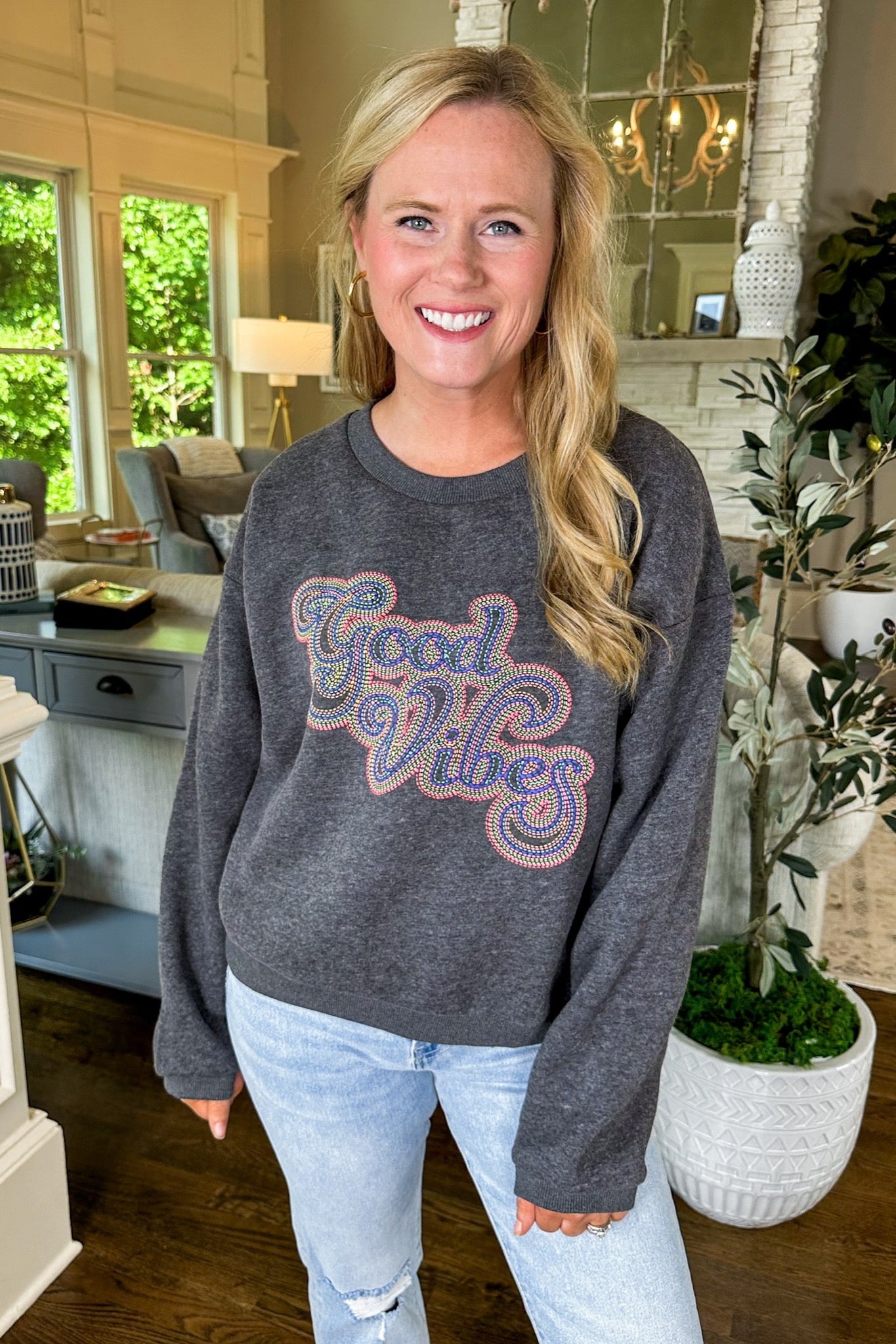 Faux Embroidered Good Vibes Super Soft Cropped Sweatshirt