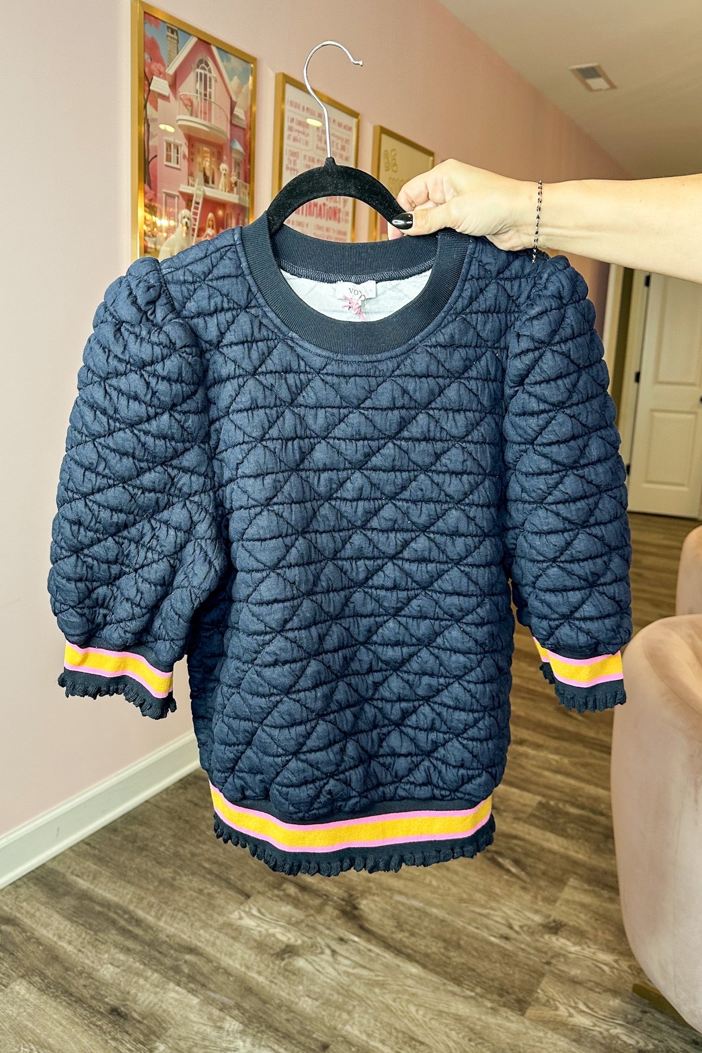 Striped Trim Quilted Navy Puff Sleeve Top