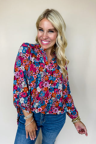 Dear Scarlett Lizzy Printed Top in Red & Blue Floral