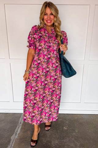 The Madeline Puff Sleeve Midi Dress in Magenta Floral