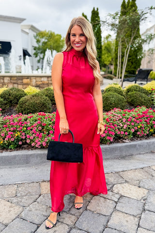 The Amelia Soirée Organza Midi Dress in Burgundy