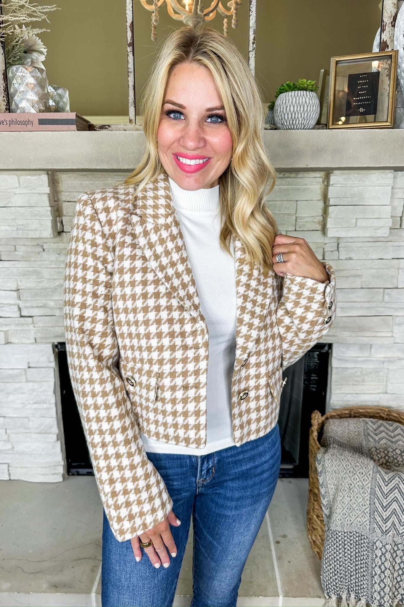 Cropped Taupe Houndstooth Peak Lapel Collared Wool Jacket Jules James Boutique