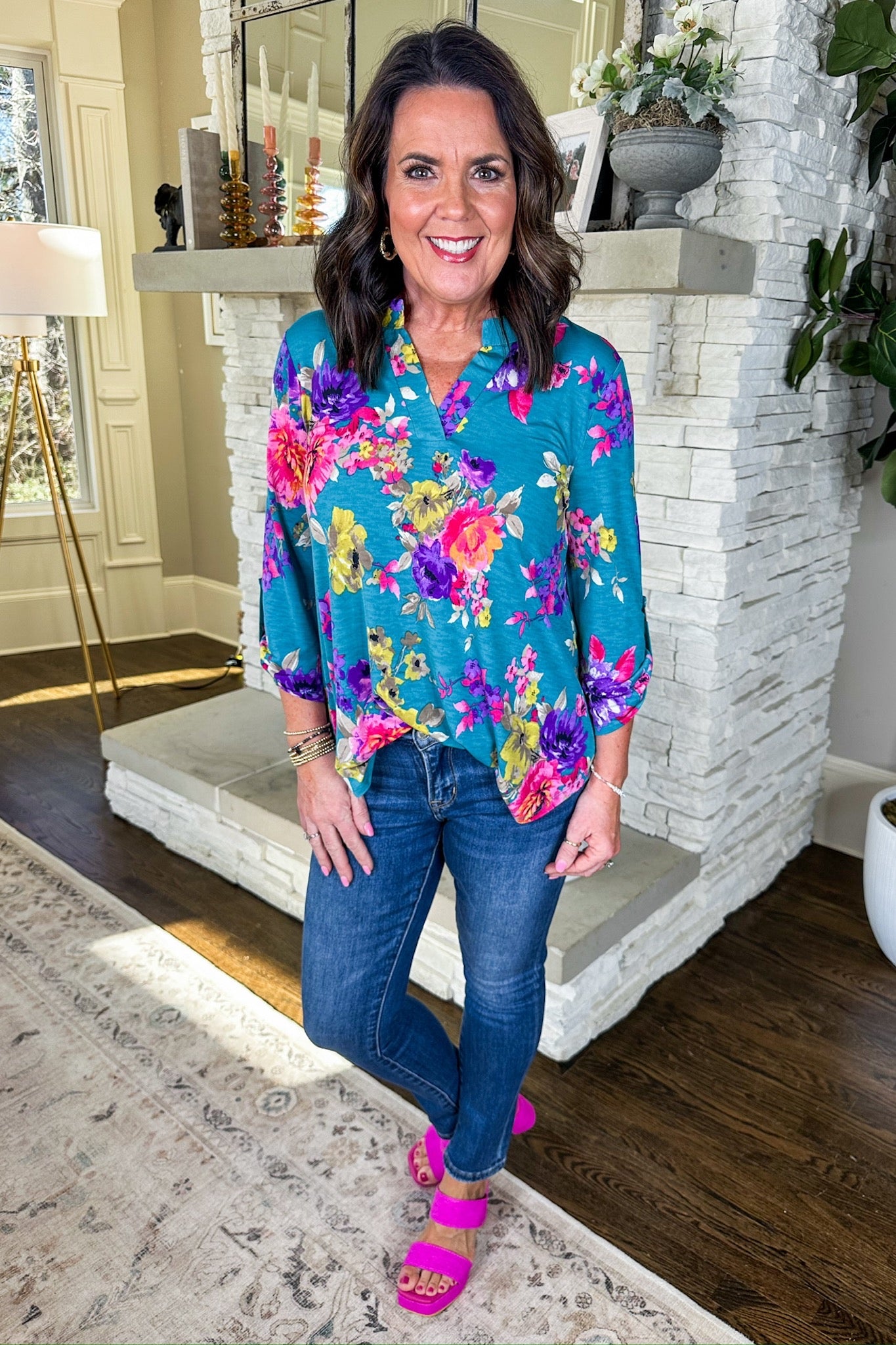 The Lizzy Top in Teal Watercolor Floral