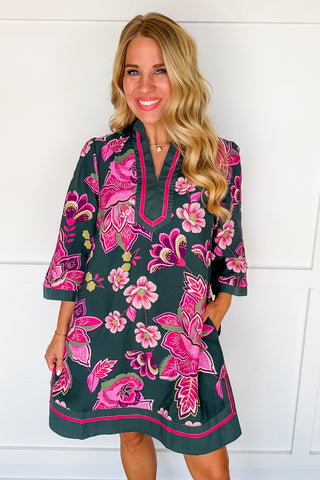 Pink Punch Floral Dress in Emerald