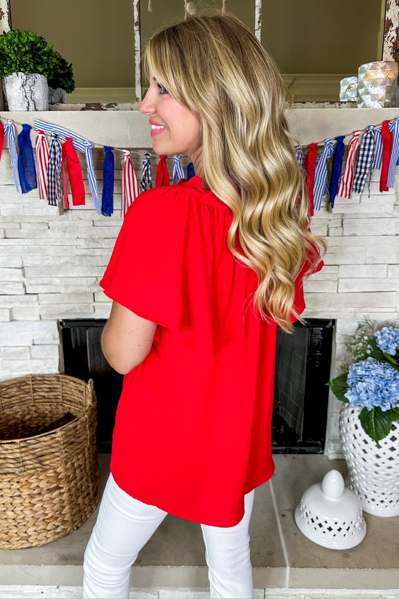 Ruffle V Neck Drop Sleeve Shift Top in Red