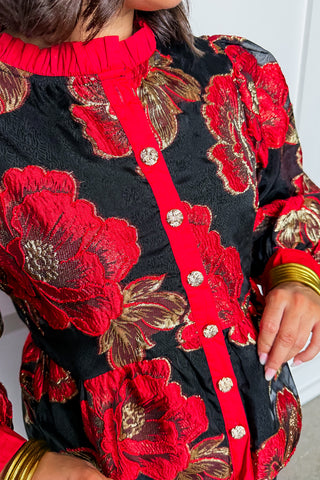 Luxe Red & Black Jacquard Top with Gold Buttons