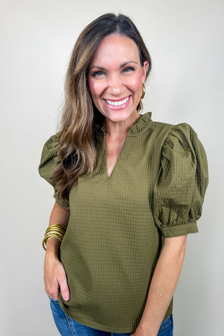 Olive Textured Ruffle V Neck Blouse