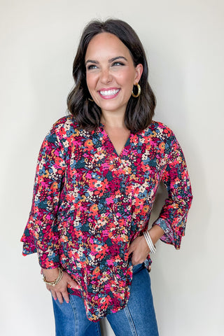 Dear Scarlett Liz Bell Printed Top in Chocolate