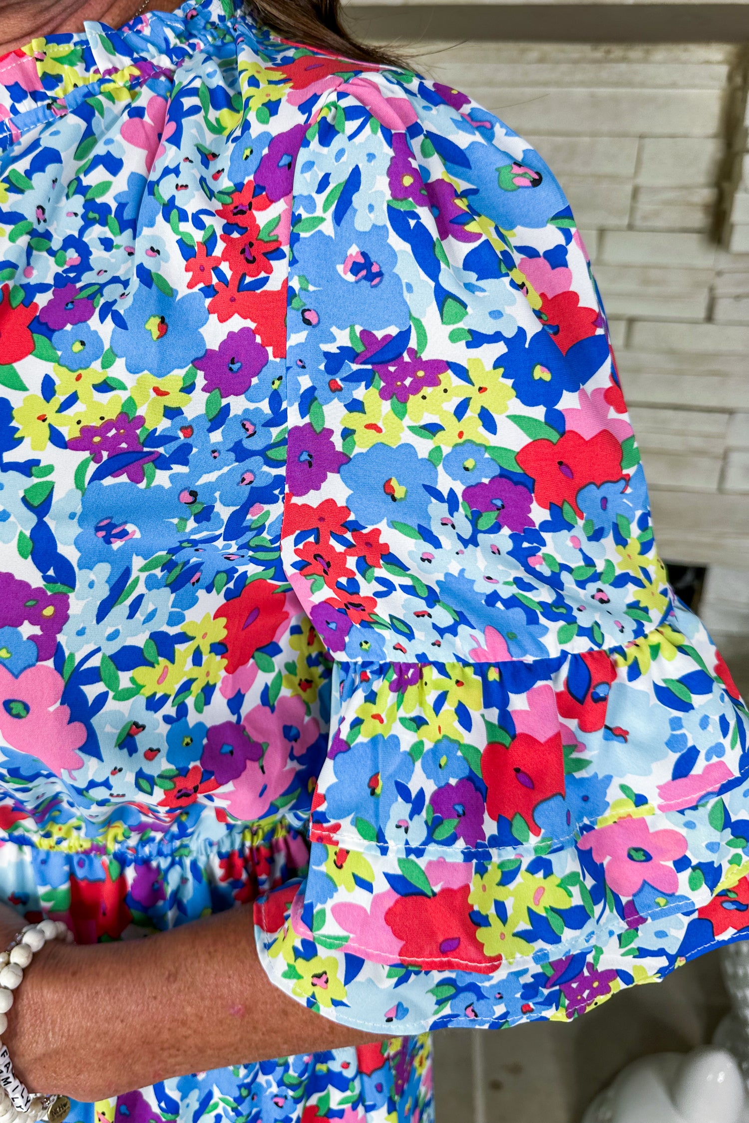 Ruffle Bell Sleeve Elastic Waist Pocketed Floral Dress in Blue