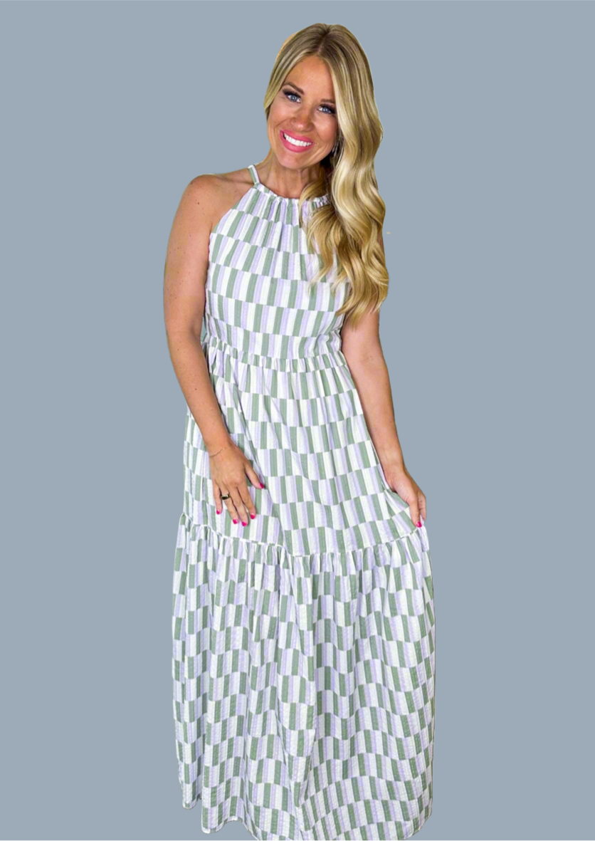 Block Print Tiered Halter Maxi Dress in Lavender & Green