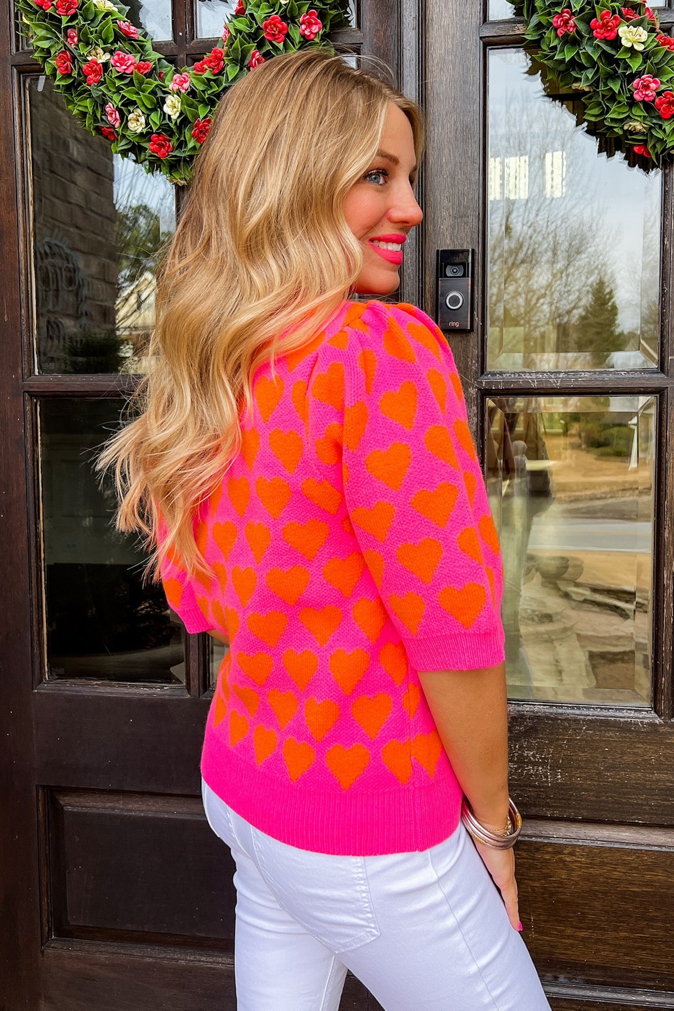 Orange Heart Short Sleeve Pink Sweater by THML