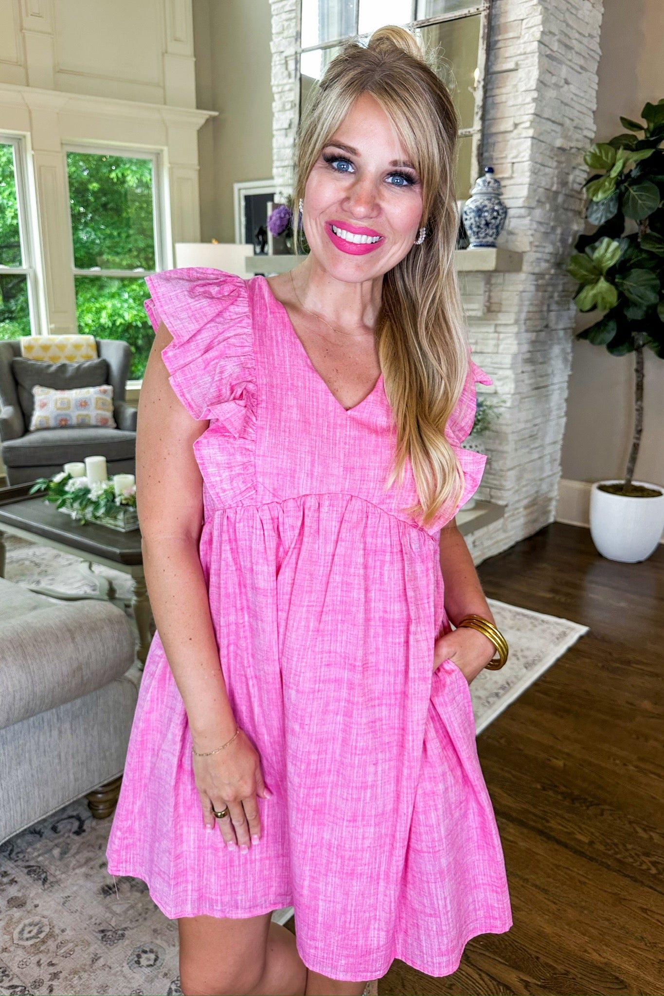 Heathered Ruffle Pocketed Dress in Pink