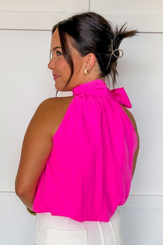 Classical Moment Halter Style Bow Top in Hot Pink